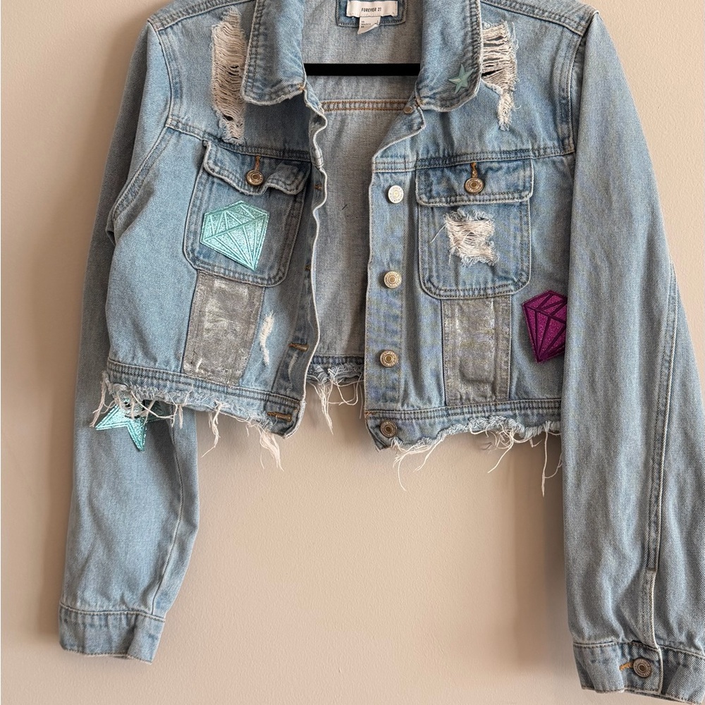 Cropped Distressed Denim Jacket with Gem Patches - Light Blue